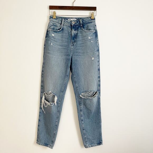 ZARA High Rise Distressed Rigid Straight Leg Jeans 2 - Picture 3 of 10